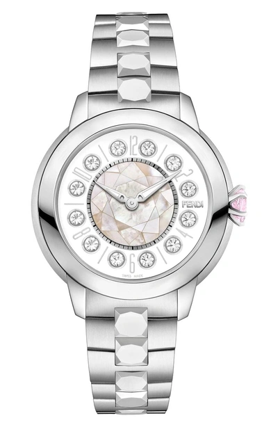 Shop Fendi Ishine Quartz Rotating Bezel Bracelet Watch, 33mm In Silver/ Mop/ Silver