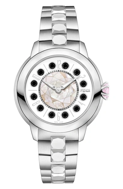 Shop Fendi Ishine Quartz Rotating Bezel Bracelet Watch, 33mm In Silver/ Mop/ Silver