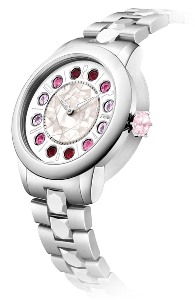Shop Fendi Ishine Quartz Rotating Bezel Bracelet Watch, 33mm In Silver/ Mop/ Silver