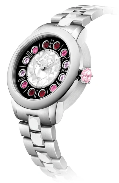 Shop Fendi Ishine Rotating Gem Bracelet Watch, 33mm In Silver/ Black/ Silver