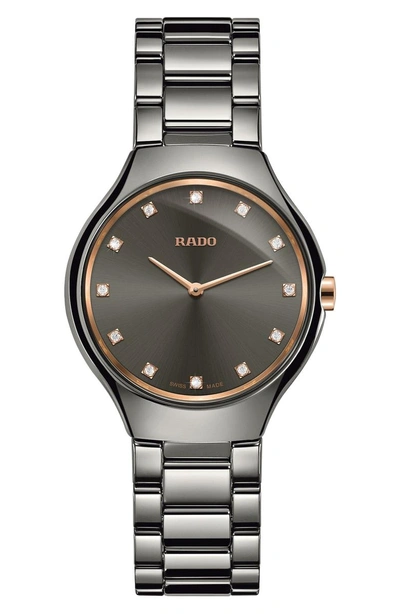 Shop Rado True Thinline Diamond Ceramic Bracelet Watch, 30mm In Silver/ Grey/ Silver