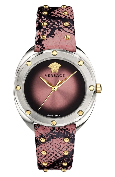 Shop Versace Shadov Snakeskin Leather Strap Watch, 38mm In Pink/ Silver