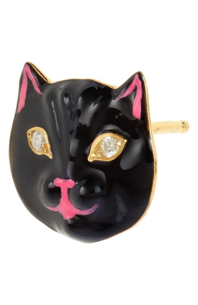 Shop Nora Kogan Diamond Enamel Pussycat Stud Earrings In Yellow Gold