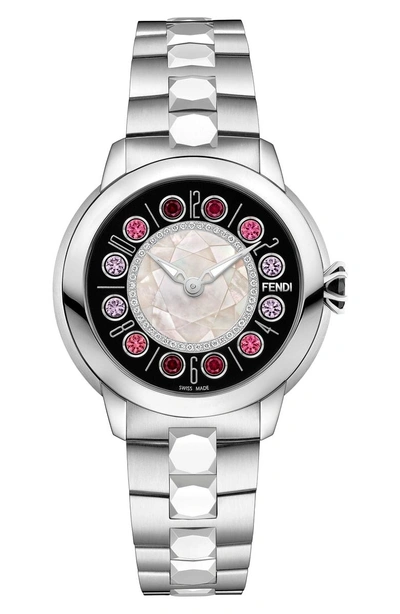 Shop Fendi Ishine Diamond Bezel Rotating Bracelet Watch, 38mm In Silver/ Black/ Silver
