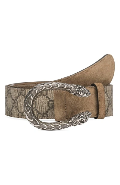 Shop Gucci Tiger Head Spur Buckle Belt In Ebony/ Taupe