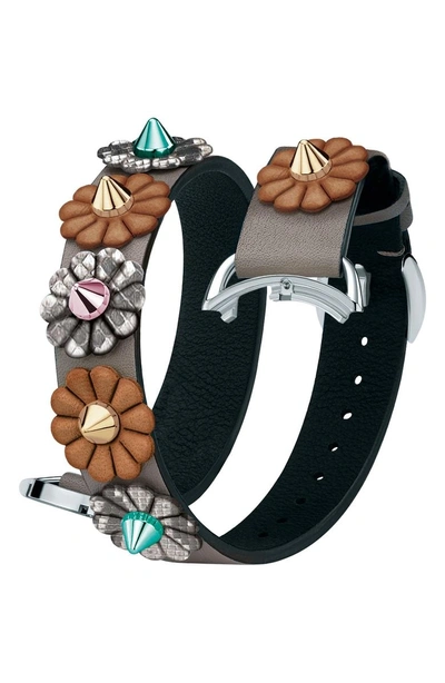 Shop Fendi Selleria 17mm Embellished Leather Watch Strap In Brown