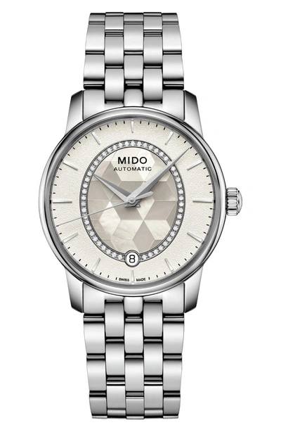 Shop Mido Baroncelli Ii Automatic Diamond Bracelet Watch, 33mm In Silver/ White/ Silver