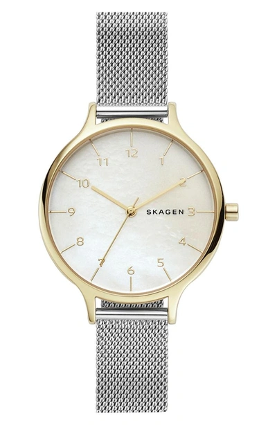Shop Skagen Anita Mesh Strap Watch, 36mm In Silver/ Mop/ Gold