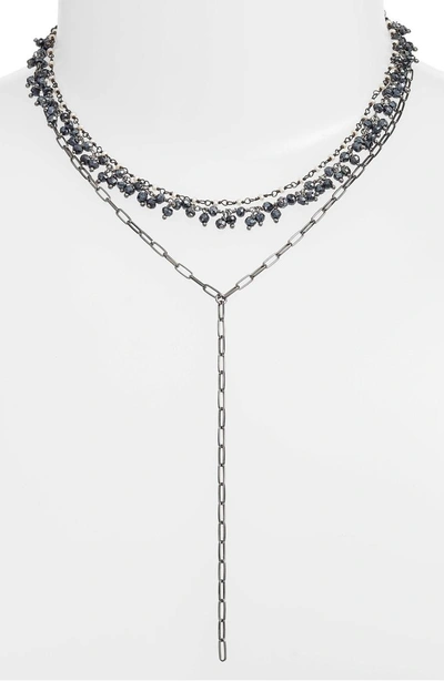 Shop Ela Rae Layered Lariat Necklace In Mystic Black Spinel Shaker/ Rh