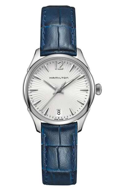 Shop Hamilton Jazzmaster Leather Strap Watch, 30mm In Blue/ Silver