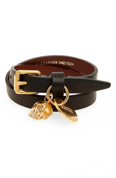 Shop Alexander Mcqueen Skull Charm Leather Wrap Bracelet In Black Multi