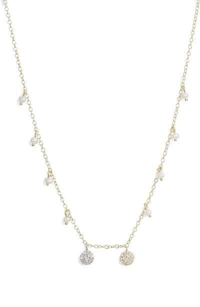 Shop Meira T Double Diamond Disc Charm & Freshwater Pearl Necklace In Yellow Gold