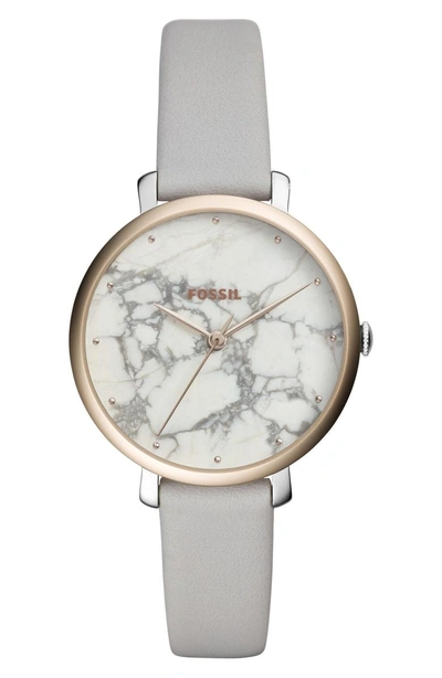 Shop Fossil Jacqueline Stone Dial Leather Strap Watch, 36mm In Gray/ White/ Silver