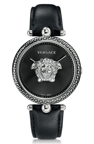 Shop Versace Palazzo Empire Leather Strap Watch, 39mm In Black/ Silver