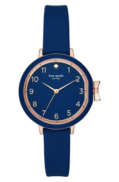 Shop Kate Spade Park Row Silicone Strap Watch, 34mm In Blue/ Rose Gold