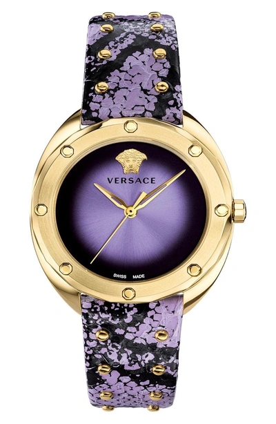 Shop Versace Shadov Snakeskin Leather Strap Watch, 38mm In Purple/ Gold