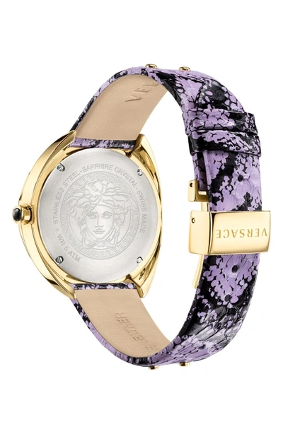 Shop Versace Shadov Snakeskin Leather Strap Watch, 38mm In Purple/ Gold