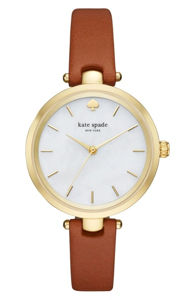Shop Kate Spade 'holland' Round Leather Strap Watch, 34mm In Brown/ Mother Of Pearl