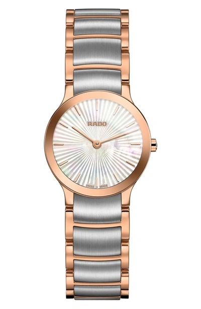 Shop Rado Centrix Sunburst Bracelet Watch, 23mm In Rose Gold/ Mop/ Silver