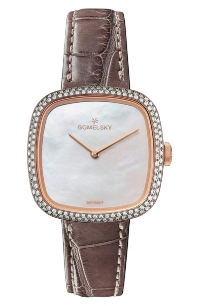 Shop Gomelsky The Eppie Sneed Diamond Mini Alligator Strap Watch, 32mm In Grey Brown/ Mop/ Gold