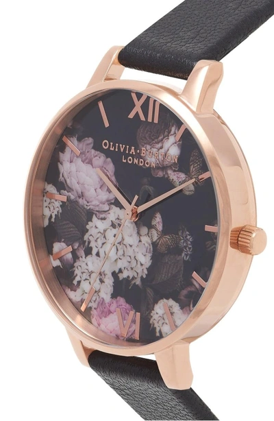 Shop Olivia Burton Signature Florals Leather Strap Watch, 38mm In Black/ Black