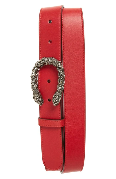 Shop Gucci Crystal Leather Belt In Hibiscus Red/black Diamond