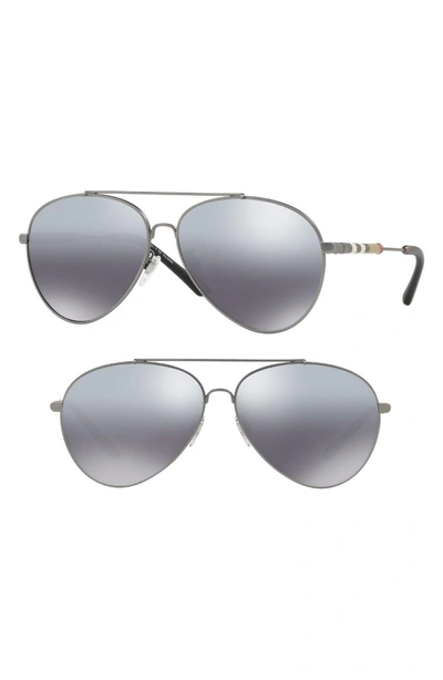 Shop Burberry Heritage Check 60mm Polarized Metal Aviator Sunglasses - Matte Gunmetal Gradient Mirror