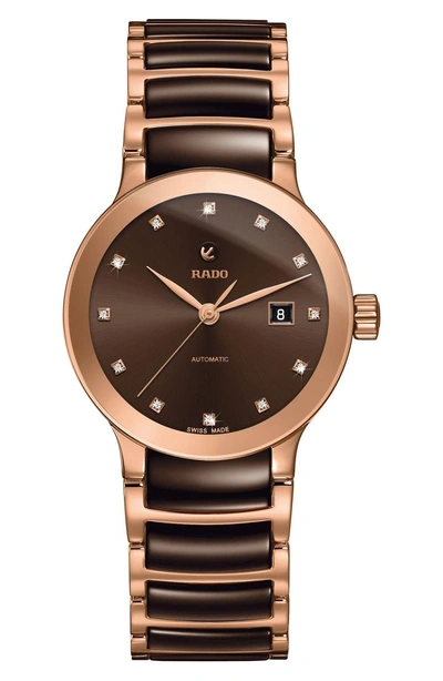 Shop Rado Centrix Automatic Diamond Ceramic Bracelet Watch, 28mm In Rose Gold/ Brown