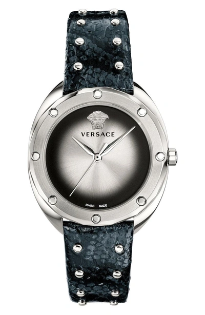Shop Versace Shadov Snakeskin Leather Strap Watch, 38mm In Black/ Silver