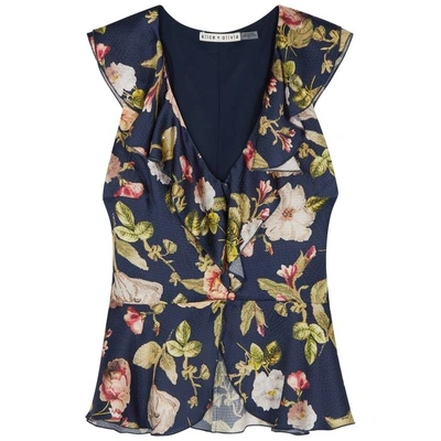 Shop Alice And Olivia Nora Floral-print Silk Top In Blue