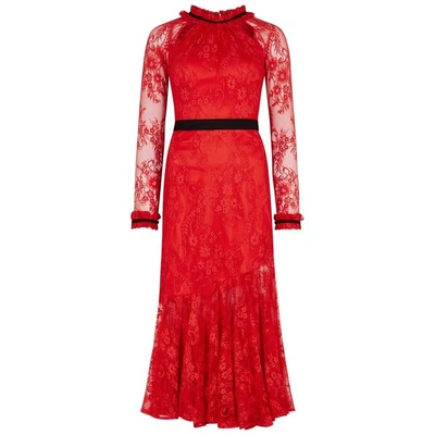 Shop Three Floor Split Tease Embroidered Lace Gown In Red