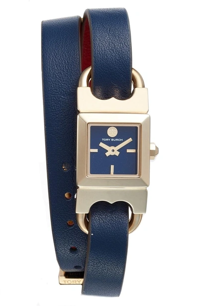 Tory Burch Double T Link Reversible Leather Strap Wrap Watch, 18mm In Navy/  Gold/ Red | ModeSens