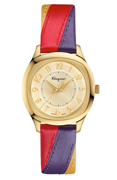 Shop Ferragamo Time Square Leather Strap Watch, 36mm In Multi/ Gold