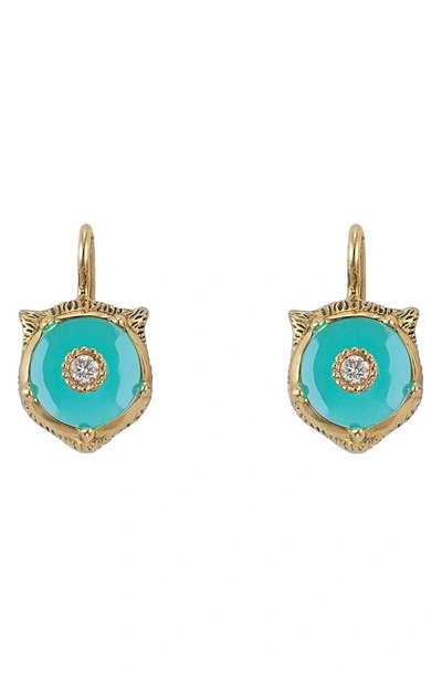 Shop Gucci Le Marche Des Merveilles Feline Head Earrings In Yellow Gold/ Turquoise