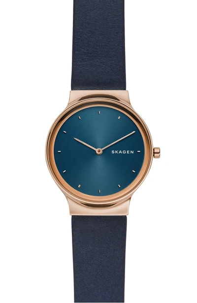 Shop Skagen Freja Leather Strap Watch, 34mm In Blue/ Rose Gold