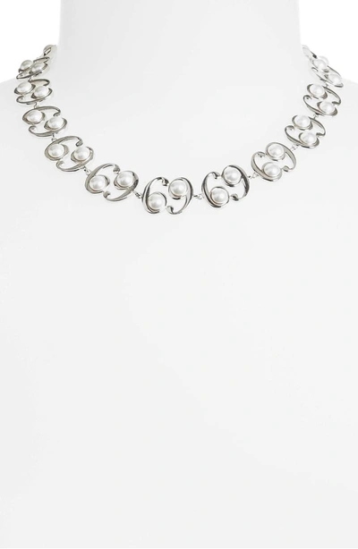 Shop Jiwinaia 69 Imitation Pearl Necklace In Rhodium Plated Brass