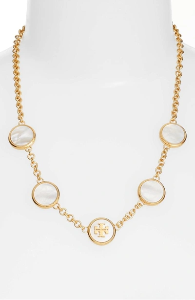 Shop Tory Burch Mother-of-pearl Station Necklace In Mother Of Pearl / Vintage Gold