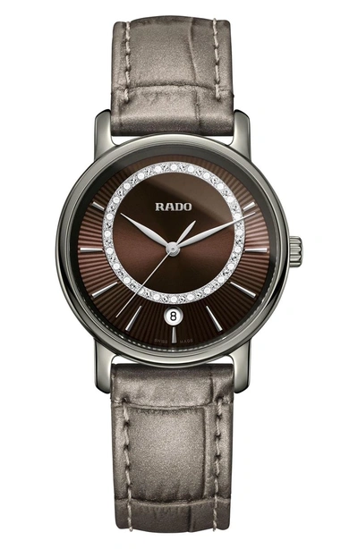 Shop Rado Diamaster Diamond Leather Strap Watch, 33mm In Grey/ Brown/ Gunmetal