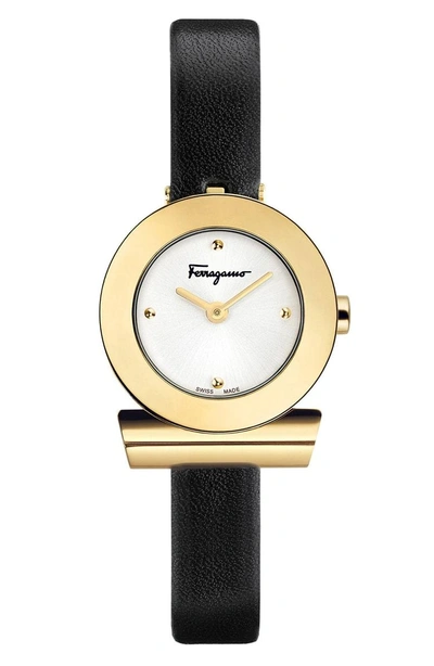 Shop Ferragamo Gancino Leather Bracelet Watch, 22mm In Black/ Silver/ Gold