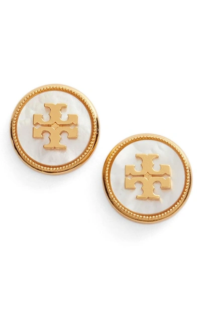 Shop Tory Burch Semiprecious Stone Stud Earrings In Mother Of Pearl / Vintage Gold