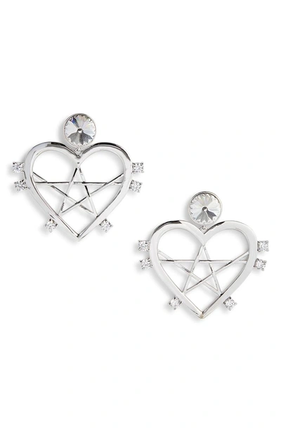 Shop Jiwinaia Stellar Crystal Heart Earrings In Rhodium Plated Brass