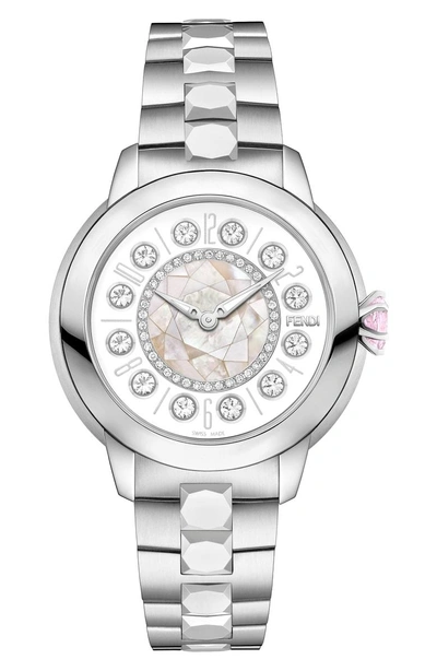 Shop Fendi Ishine Diamond Bezel Rotating Bracelet Watch, 33mm In Silver/ Mop/ Silver