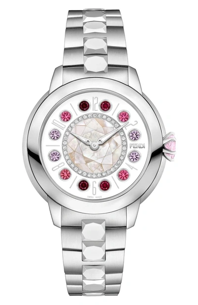 Shop Fendi Ishine Diamond Bezel Rotating Bracelet Watch, 33mm In Silver/ Mop/ Silver