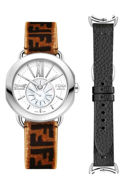 Shop Fendi Selleria Leather Band Watch, 36mm In Black/ White/ Silver