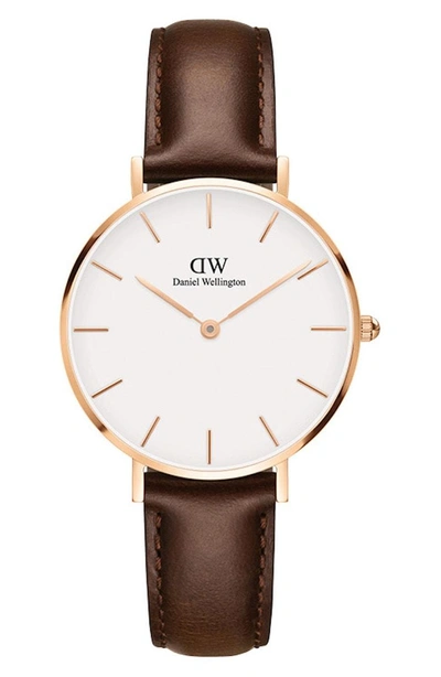 Shop Daniel Wellington Classic Petite Leather Strap Watch, 32mm In Dark Brown/ White/ Rose Gold