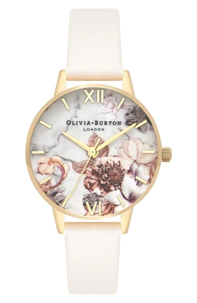 Shop Olivia Burton Marble Floral Leather Strap Watch, 30mm In Nude/ White Floral/ Gold