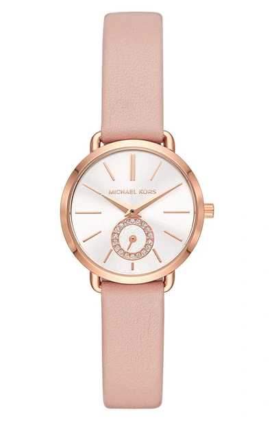 Shop Michael Kors Mini Portia Leather Strap Watch, 28mm In Pink/ Gold