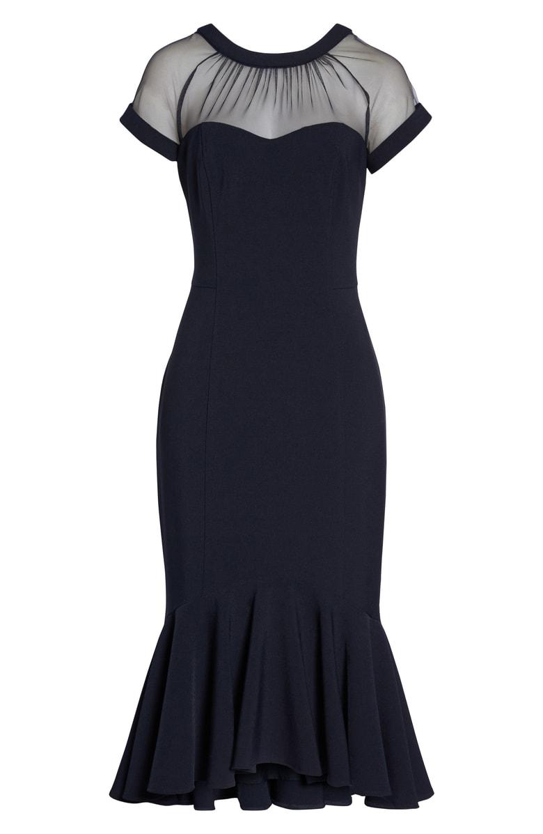 maggy london illusion neck crepe midi dress