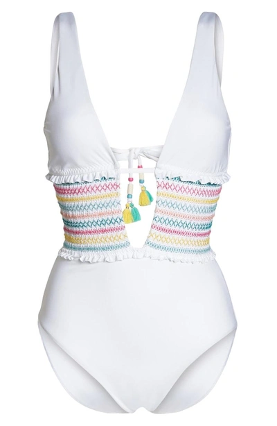 Shop Isabella Rose Crystal Cove Smocked One-piece Swimsuit In White