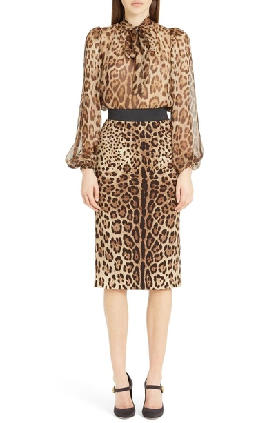 Shop Dolce & Gabbana Leopard Print Silk Tie Neck Blouse